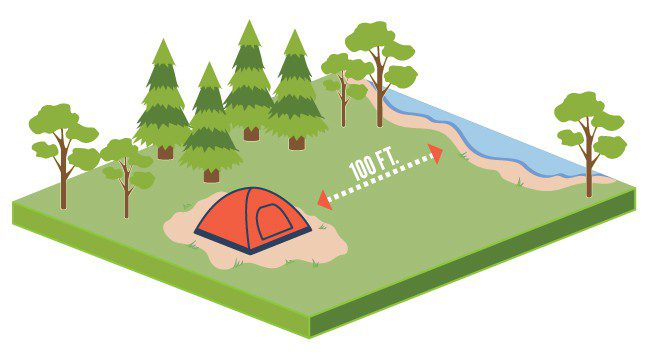 The most important tip of where to pitch a tent is to be 100 feet away from water.
